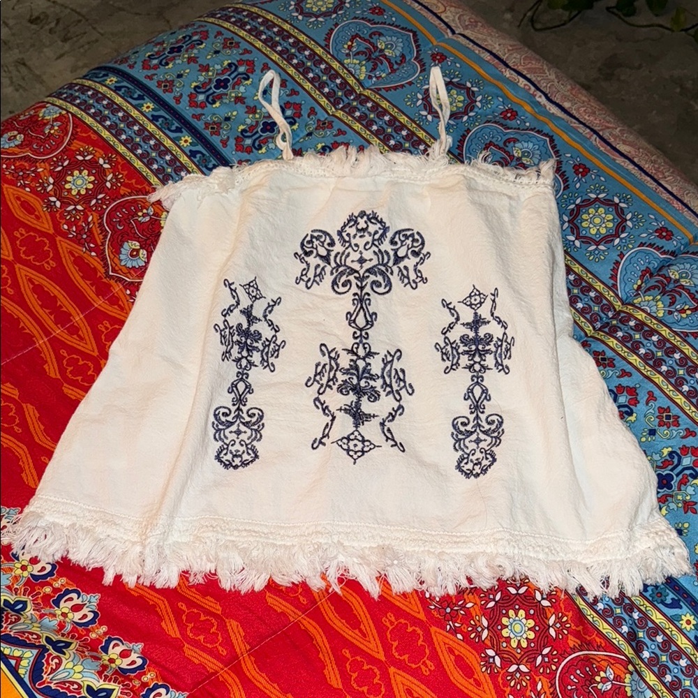 SHEIN White and Navy Embroidered Top